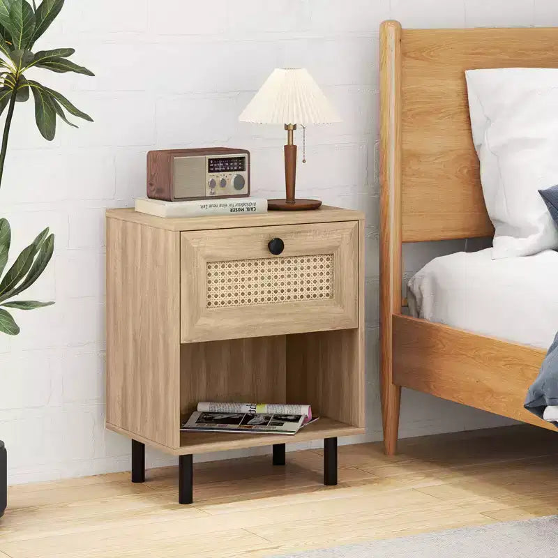 Costway 1/2 PCS Rattan Nightstand Boho End Table with Drawer & Open Shelf for Living Room White/Natural