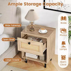 Costway 1/2 PCS Rattan Nightstand Boho End Table with Drawer & Open Shelf for Living Room White/Natural