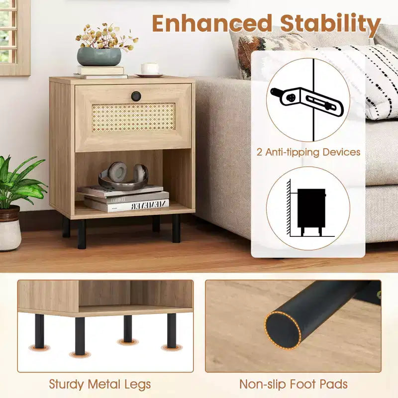 Costway 1/2 PCS Rattan Nightstand Boho End Table with Drawer & Open Shelf for Living Room White/Natural