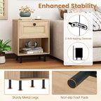 Costway 1/2 PCS Rattan Nightstand Boho End Table with Drawer & Open Shelf for Living Room White/Natural