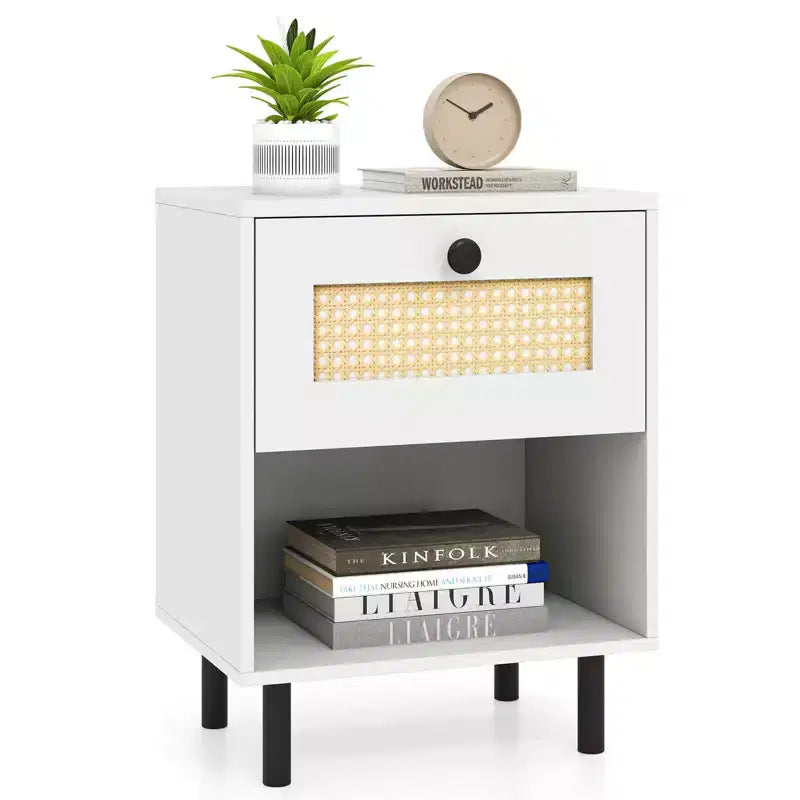 Costway 1/2 PCS Rattan Nightstand Boho End Table with Drawer & Open Shelf for Living Room White/Natural