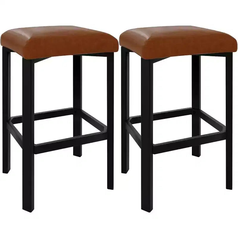 24 Inch Bar Stools Set of 2, PU Leather Seats with Thick Padding & Footrest, Modern Metal Frame with Adjustable Feet for Kitchen Island, Bar Counter