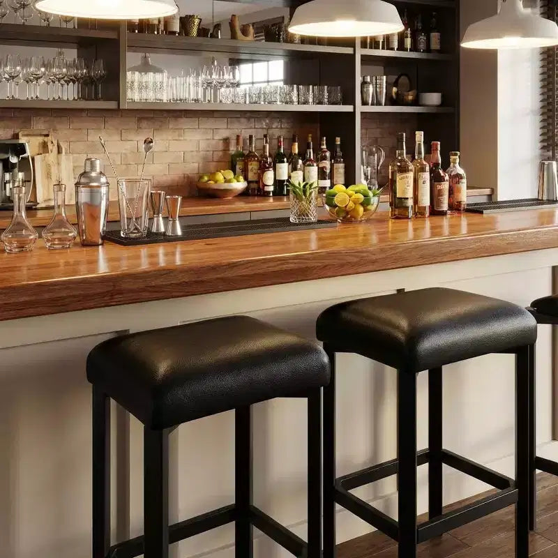 24 Inch Bar Stools Set of 2, PU Leather Seats with Thick Padding & Footrest, Modern Metal Frame with Adjustable Feet for Kitchen Island, Bar Counter