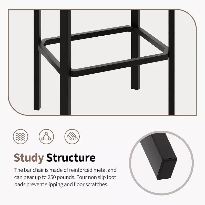 24 Inch Bar Stools Set of 2, PU Leather Seats with Thick Padding & Footrest, Modern Metal Frame with Adjustable Feet for Kitchen Island, Bar Counter