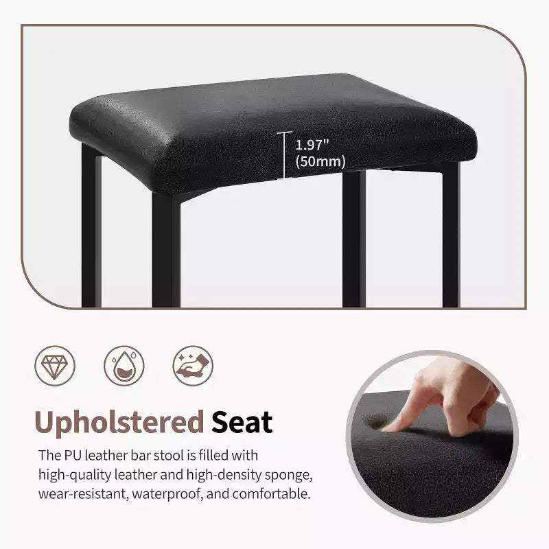 24 Inch Bar Stools Set of 2, PU Leather Seats with Thick Padding & Footrest, Modern Metal Frame with Adjustable Feet for Kitchen Island, Bar Counter