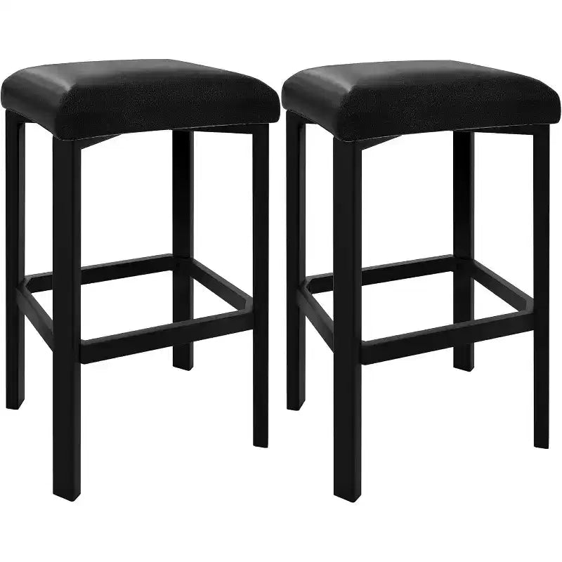 24 Inch Bar Stools Set of 2, PU Leather Seats with Thick Padding & Footrest, Modern Metal Frame with Adjustable Feet for Kitchen Island, Bar Counter