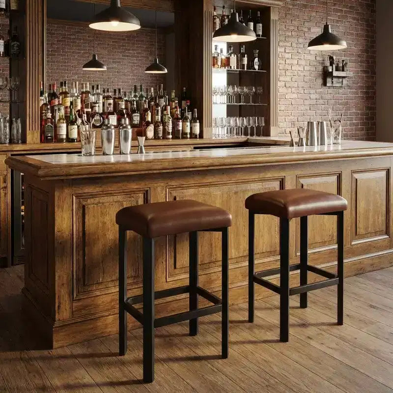 24 Inch Bar Stools Set of 2, PU Leather Seats with Thick Padding & Footrest, Modern Metal Frame with Adjustable Feet for Kitchen Island, Bar Counter