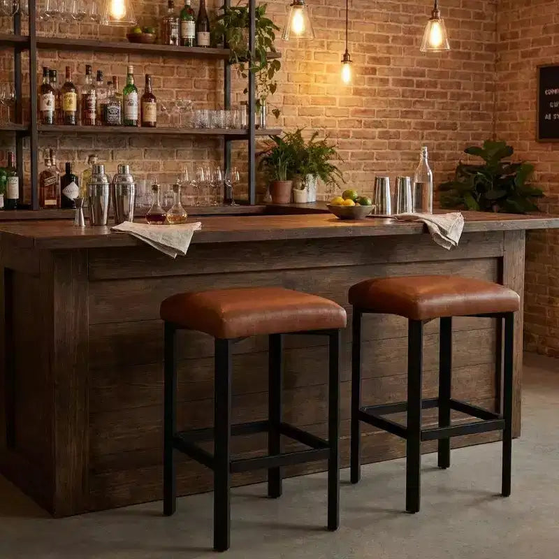 24 Inch Bar Stools Set of 2, PU Leather Seats with Thick Padding & Footrest, Modern Metal Frame with Adjustable Feet for Kitchen Island, Bar Counter