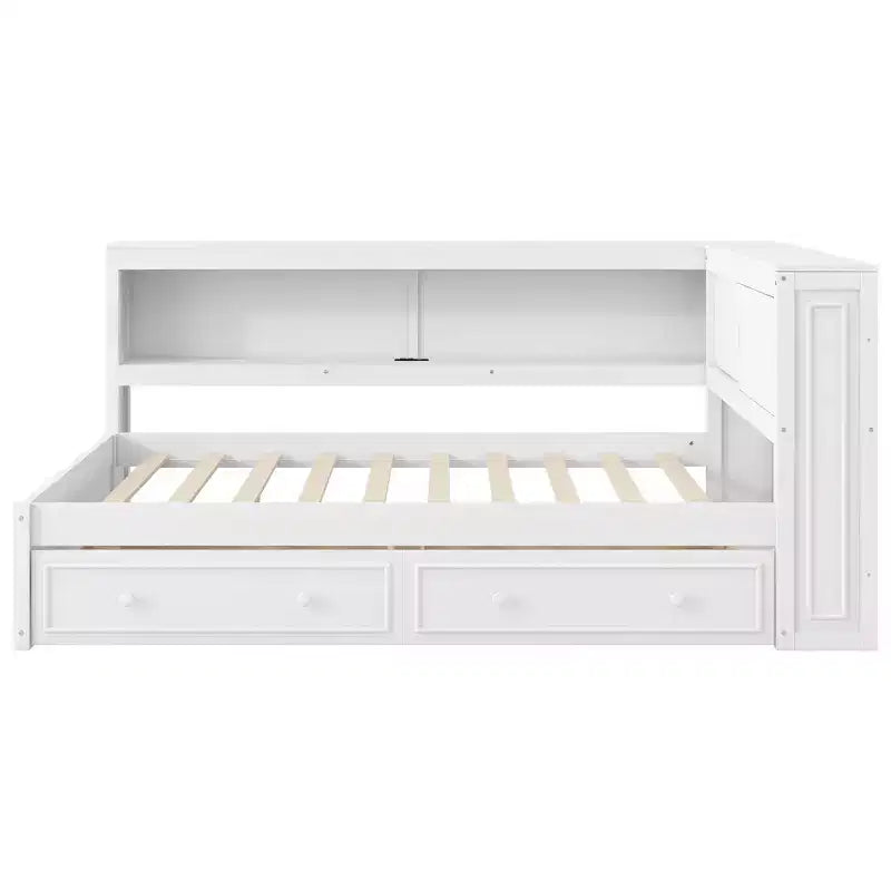 Full Size Corner Bed with Storage Drawers, Bookcase, L Shaped Wood Day Bed Frame with Bookcase Headboard for Living Room