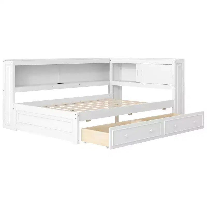 Full Size Corner Bed with Storage Drawers, Bookcase, L Shaped Wood Day Bed Frame with Bookcase Headboard for Living Room