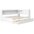 Full Size Corner Bed with Storage Drawers, Bookcase, L Shaped Wood Day Bed Frame with Bookcase Headboard for Living Room