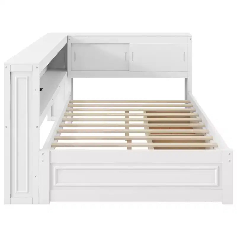 Full Size Corner Bed with Storage Drawers, Bookcase, L Shaped Wood Day Bed Frame with Bookcase Headboard for Living Room