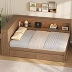 Full Size Corner Bed with Storage Drawers, Bookcase, L Shaped Wood Day Bed Frame with Bookcase Headboard for Living Room
