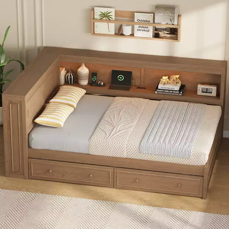 Full Size Corner Bed with Storage Drawers, Bookcase, L Shaped Wood Day Bed Frame with Bookcase Headboard for Living Room