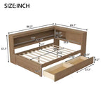 Full Size Corner Bed with Storage Drawers, Bookcase, L Shaped Wood Day Bed Frame with Bookcase Headboard for Living Room