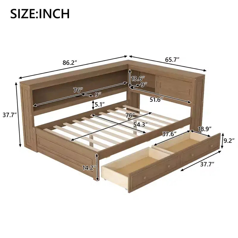 Full Size Corner Bed with Storage Drawers, Bookcase, L Shaped Wood Day Bed Frame with Bookcase Headboard for Living Room