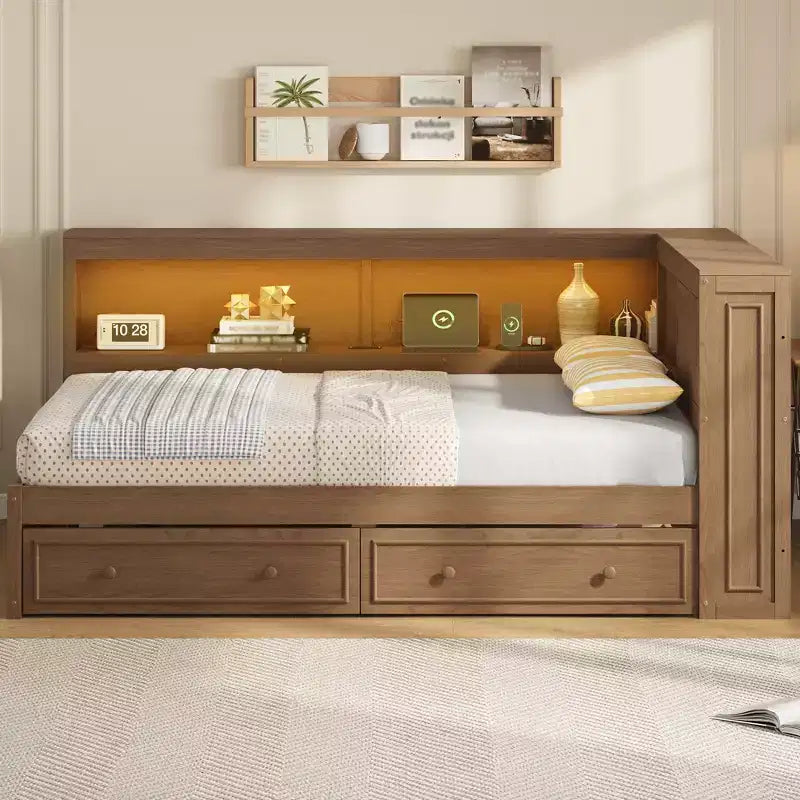 Full Size Corner Bed with Storage Drawers, Bookcase, L Shaped Wood Day Bed Frame with Bookcase Headboard for Living Room