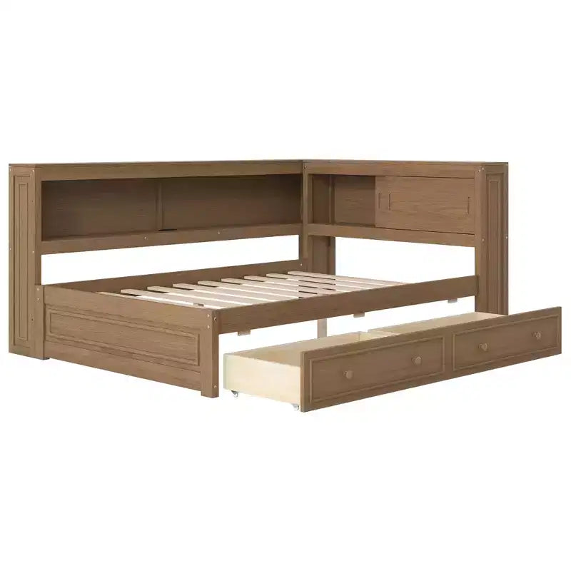 Full Size Corner Bed with Storage Drawers, Bookcase, L Shaped Wood Day Bed Frame with Bookcase Headboard for Living Room
