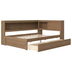 Full Size Corner Bed with Storage Drawers, Bookcase, L Shaped Wood Day Bed Frame with Bookcase Headboard for Living Room