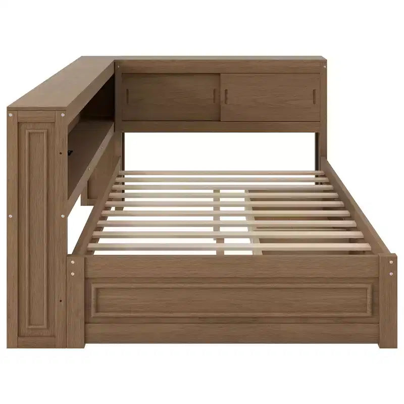 Full Size Corner Bed with Storage Drawers, Bookcase, L Shaped Wood Day Bed Frame with Bookcase Headboard for Living Room