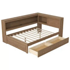 Full Size Corner Bed with Storage Drawers, Bookcase, L Shaped Wood Day Bed Frame with Bookcase Headboard for Living Room