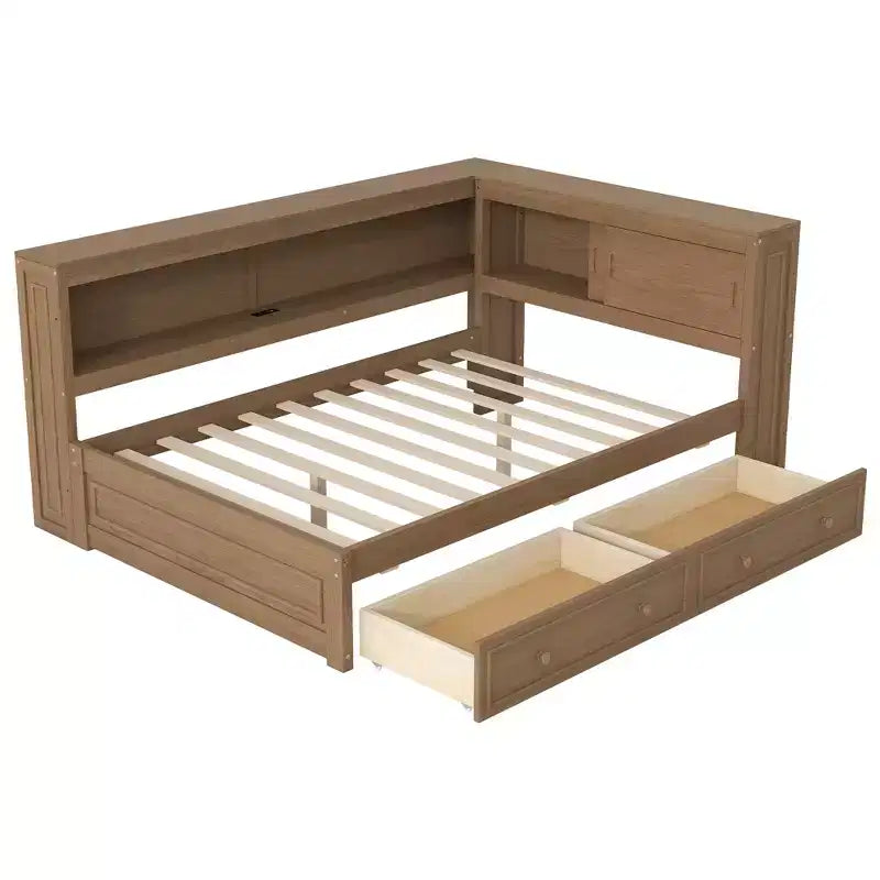 Full Size Corner Bed with Storage Drawers, Bookcase, L Shaped Wood Day Bed Frame with Bookcase Headboard for Living Room