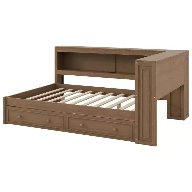 Full Size Corner Bed with Storage Drawers, Bookcase, L Shaped Wood Day Bed Frame with Bookcase Headboard for Living Room