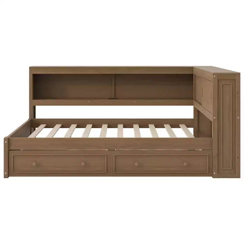 Full Size Corner Bed with Storage Drawers, Bookcase, L Shaped Wood Day Bed Frame with Bookcase Headboard for Living Room