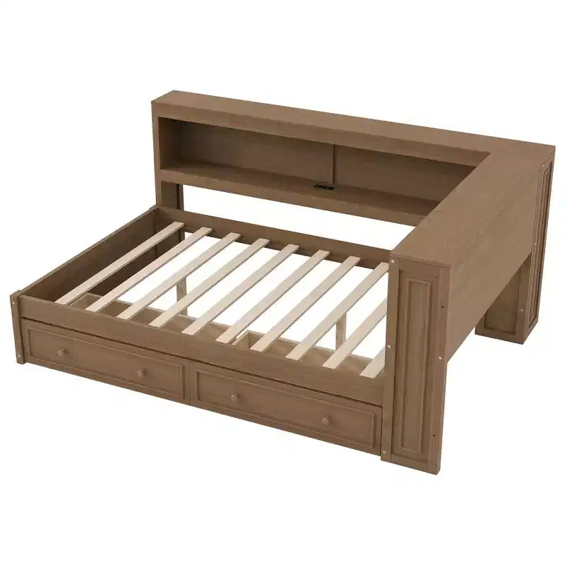 Full Size Corner Bed with Storage Drawers, Bookcase, L Shaped Wood Day Bed Frame with Bookcase Headboard for Living Room