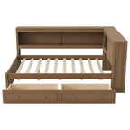 Full Size Corner Bed with Storage Drawers, Bookcase, L Shaped Wood Day Bed Frame with Bookcase Headboard for Living Room