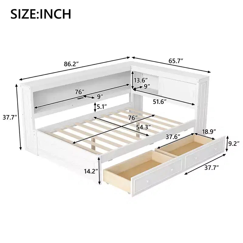 Full Size Corner Bed with Storage Drawers, Bookcase, L Shaped Wood Day Bed Frame with Bookcase Headboard for Living Room