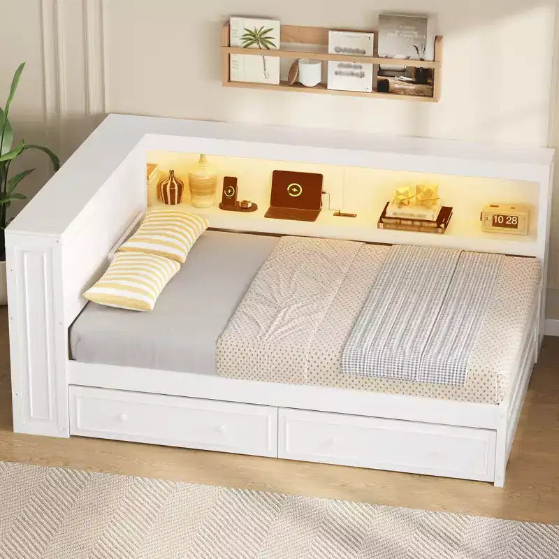 Full Size Corner Bed with Storage Drawers, Bookcase, L Shaped Wood Day Bed Frame with Bookcase Headboard for Living Room