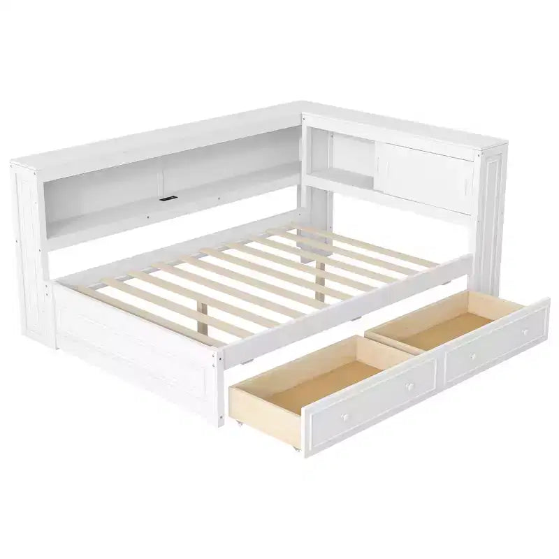 Full Size Corner Bed with Storage Drawers, Bookcase, L Shaped Wood Day Bed Frame with Bookcase Headboard for Living Room
