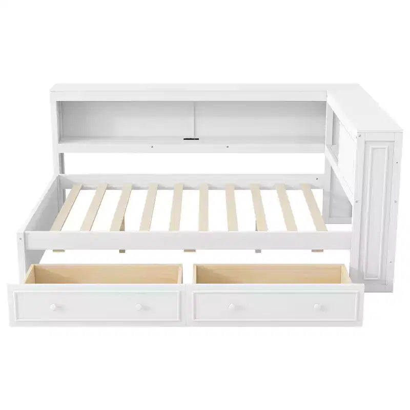 Full Size Corner Bed with Storage Drawers, Bookcase, L Shaped Wood Day Bed Frame with Bookcase Headboard for Living Room