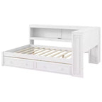 Full Size Corner Bed with Storage Drawers, Bookcase, L Shaped Wood Day Bed Frame with Bookcase Headboard for Living Room