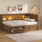 Full Size Corner Bed with Storage Drawers, Bookcase, L Shaped Wood Day Bed Frame with Bookcase Headboard for Living Room