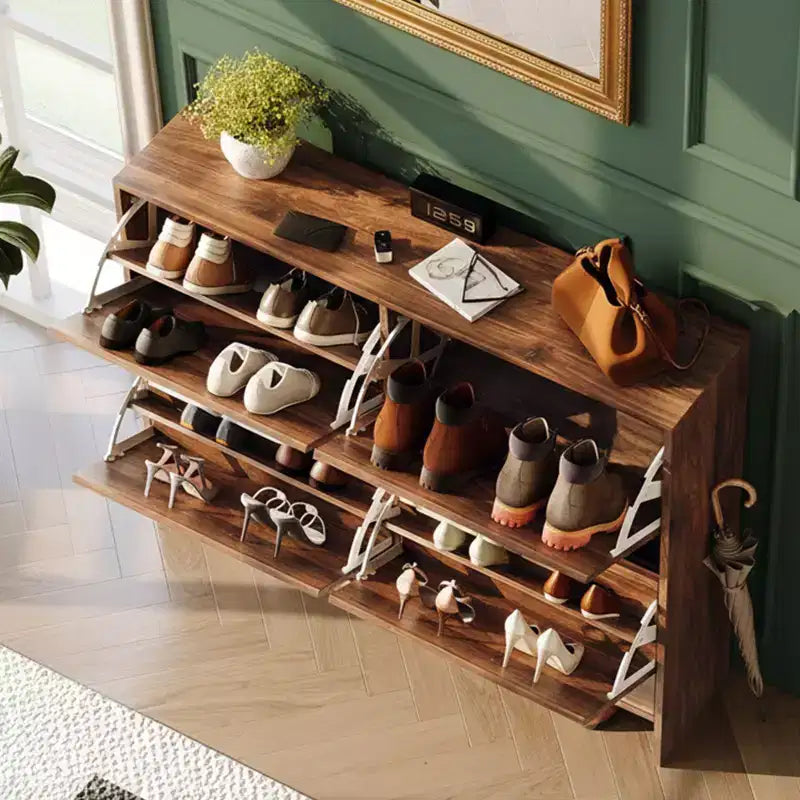 Karl Home 42 W 4-Flip Drawer Flat Top Shoe Cabinet with Silver Metal Handles