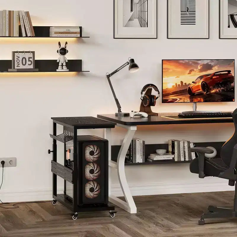 Adjustable 2-Tier Computer Tower Cart with Wheels, Mobile CPU Stand with Cable Management and Hooks, Compact Side Table for Gaming or Home Office