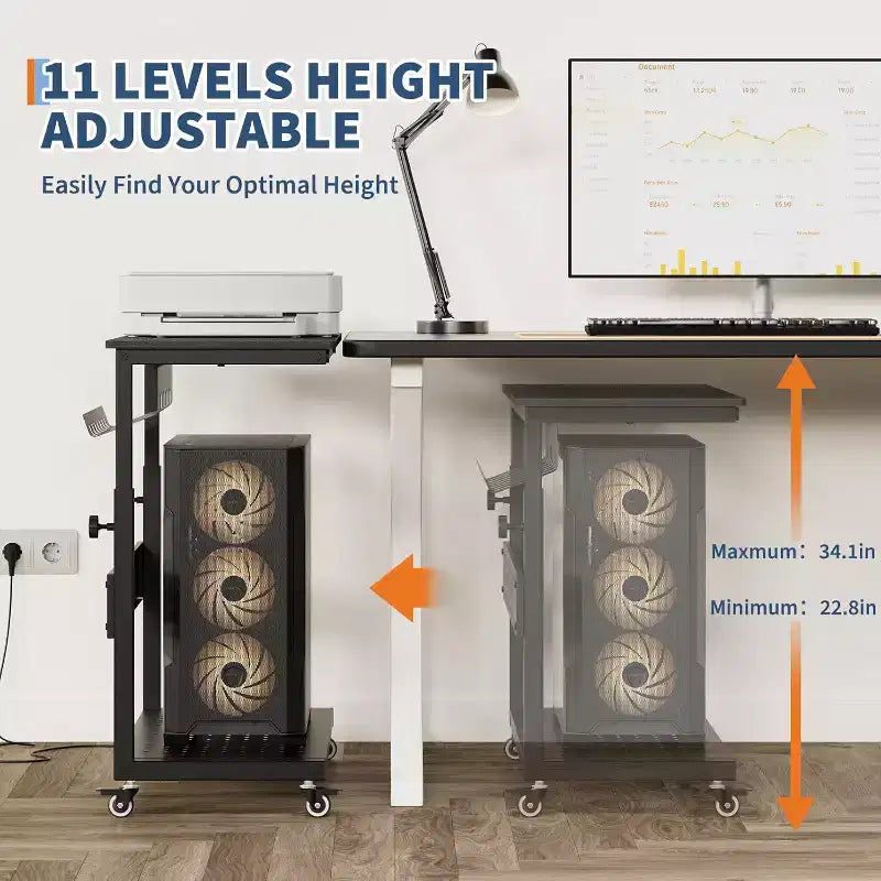 Adjustable 2-Tier Computer Tower Cart with Wheels, Mobile CPU Stand with Cable Management and Hooks, Compact Side Table for Gaming or Home Office