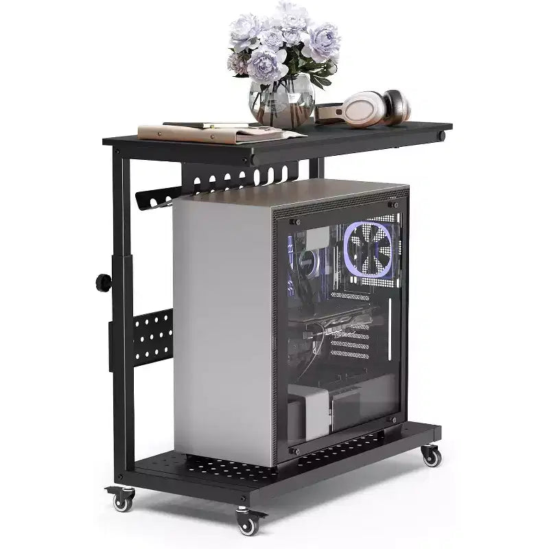 Adjustable 2-Tier Computer Tower Cart with Wheels, Mobile CPU Stand with Cable Management and Hooks, Compact Side Table for Gaming or Home Office