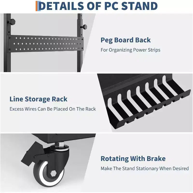 Adjustable 2-Tier Computer Tower Cart with Wheels, Mobile CPU Stand with Cable Management and Hooks, Compact Side Table for Gaming or Home Office