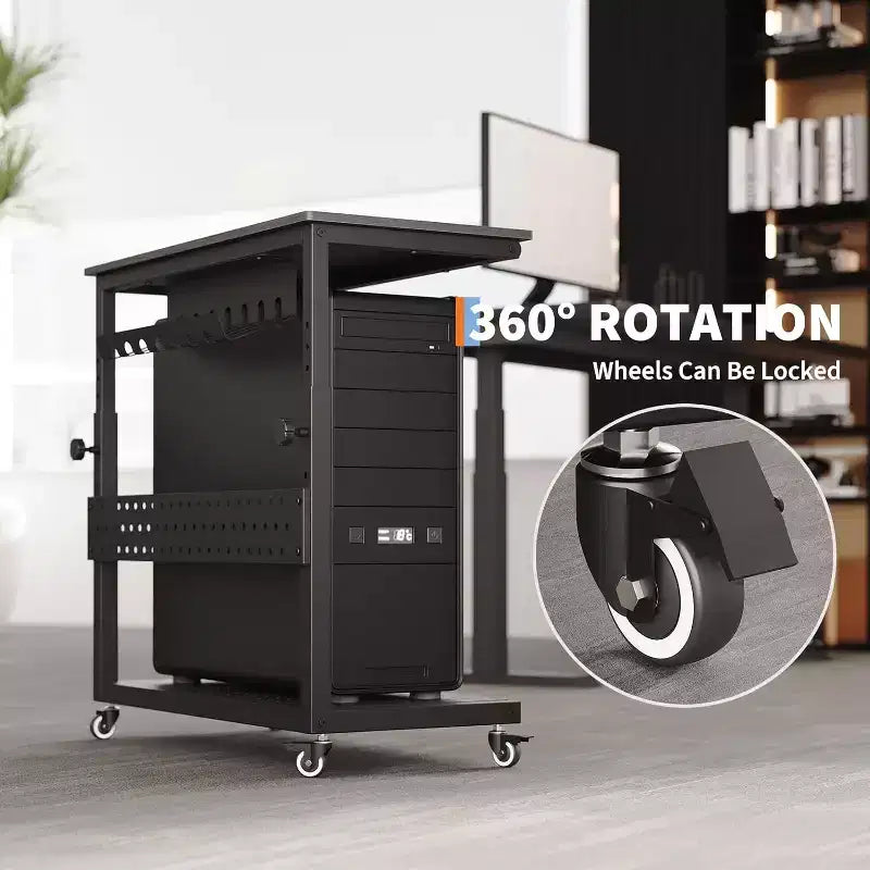 Adjustable 2-Tier Computer Tower Cart with Wheels, Mobile CPU Stand with Cable Management and Hooks, Compact Side Table for Gaming or Home Office