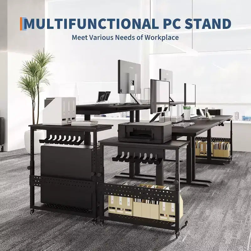Adjustable 2-Tier Computer Tower Cart with Wheels, Mobile CPU Stand with Cable Management and Hooks, Compact Side Table for Gaming or Home Office