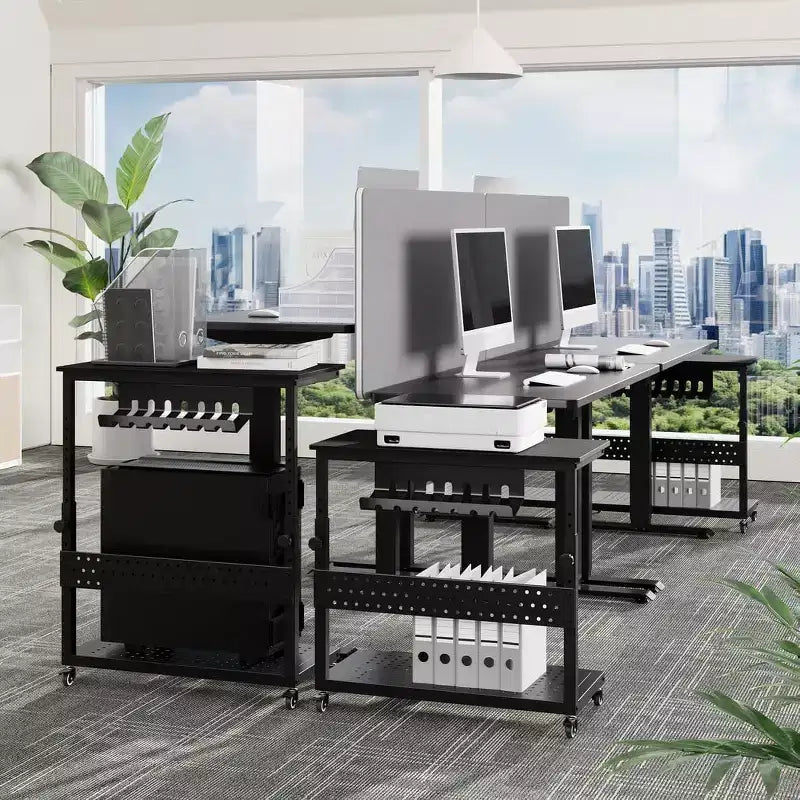 Adjustable 2-Tier Computer Tower Cart with Wheels, Mobile CPU Stand with Cable Management and Hooks, Compact Side Table for Gaming or Home Office