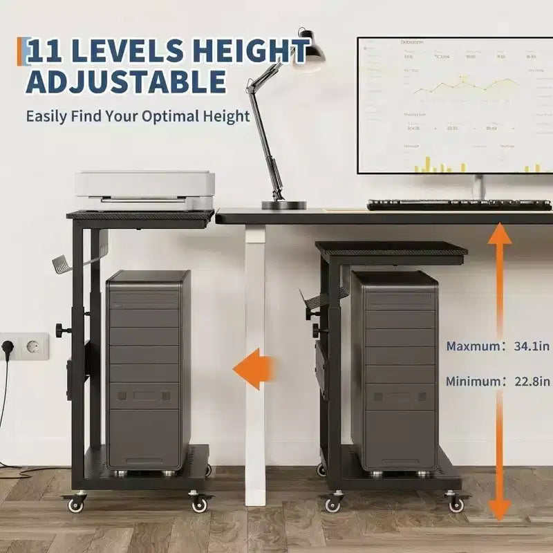 Adjustable 2-Tier Computer Tower Cart with Wheels, Mobile CPU Stand with Cable Management and Hooks, Compact Side Table for Gaming or Home Office