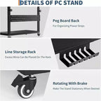 Adjustable 2-Tier Computer Tower Cart with Wheels, Mobile CPU Stand with Cable Management and Hooks, Compact Side Table for Gaming or Home Office