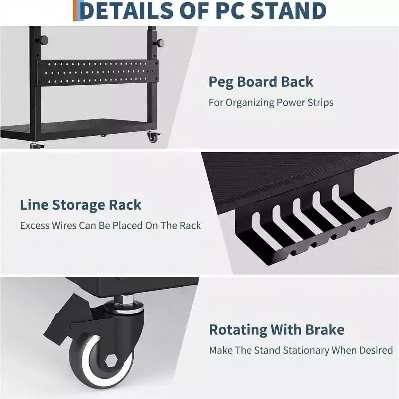 Adjustable 2-Tier Computer Tower Cart with Wheels, Mobile CPU Stand with Cable Management and Hooks, Compact Side Table for Gaming or Home Office