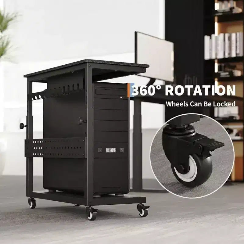 Adjustable 2-Tier Computer Tower Cart with Wheels, Mobile CPU Stand with Cable Management and Hooks, Compact Side Table for Gaming or Home Office