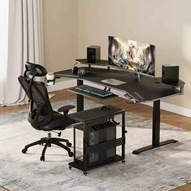 Adjustable 2-Tier Computer Tower Cart with Wheels, Mobile CPU Stand with Cable Management and Hooks, Compact Side Table for Gaming or Home Office