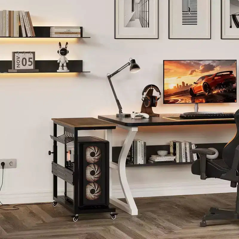Adjustable 2-Tier Computer Tower Cart with Wheels, Mobile CPU Stand with Cable Management and Hooks, Compact Side Table for Gaming or Home Office